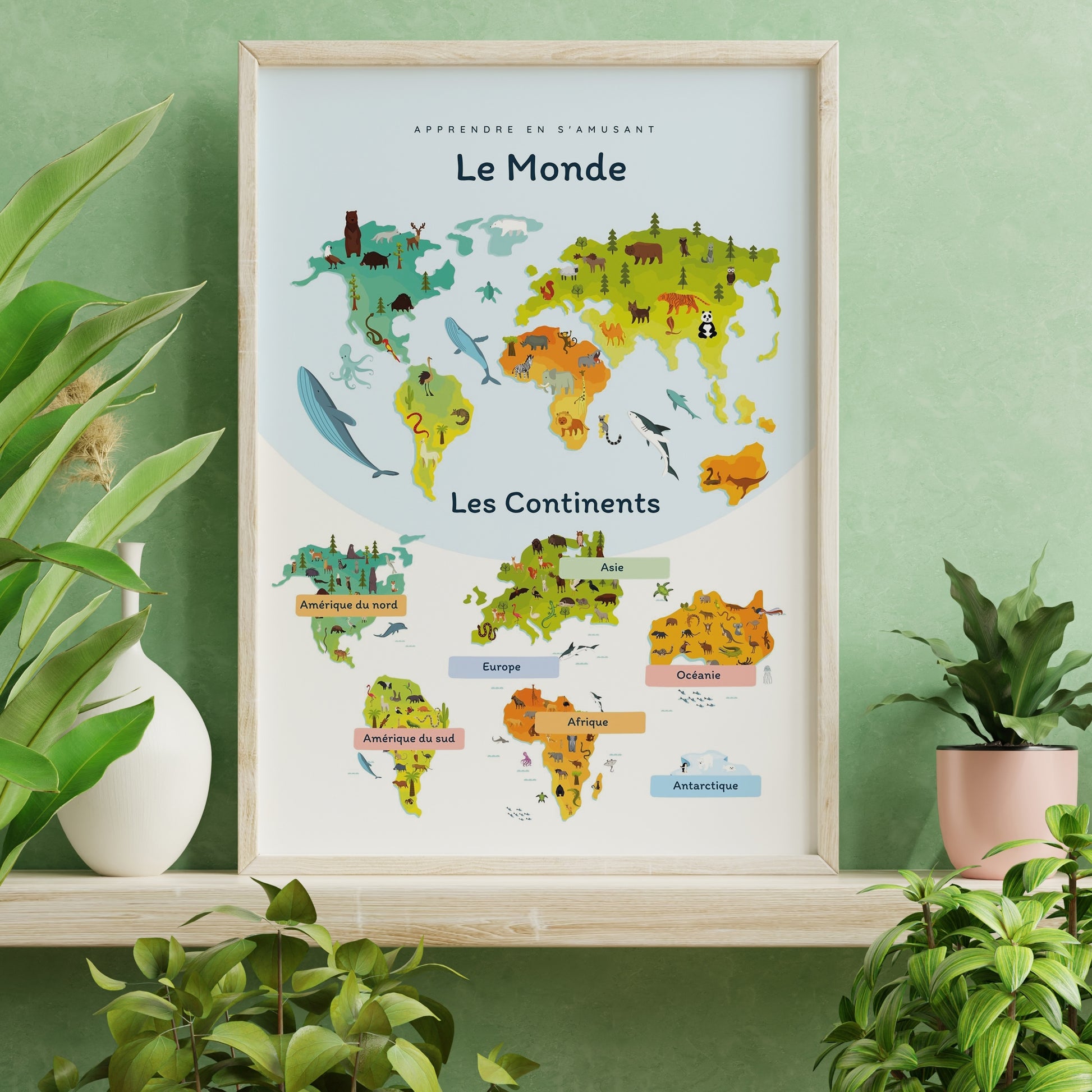 Poster monde 5 continents décoration chambre enfant éducative