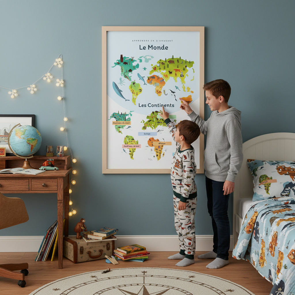 Poster monde continents Europe Amérique Afrique Asie Océanie enfant