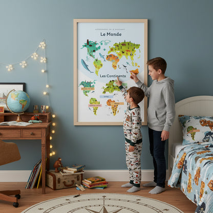 Poster monde continents Europe Amérique Afrique Asie Océanie enfant