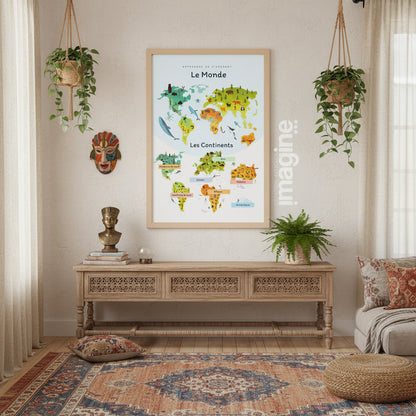 Affiche éducative monde continents apprendre géographie chambre enfant

