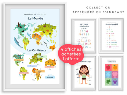 Poster monde 5 continents coloré apprentissage géographie primaire
