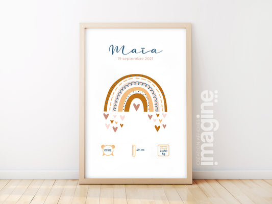 Personalized birth poster "Rainbow" midnight blue / camel