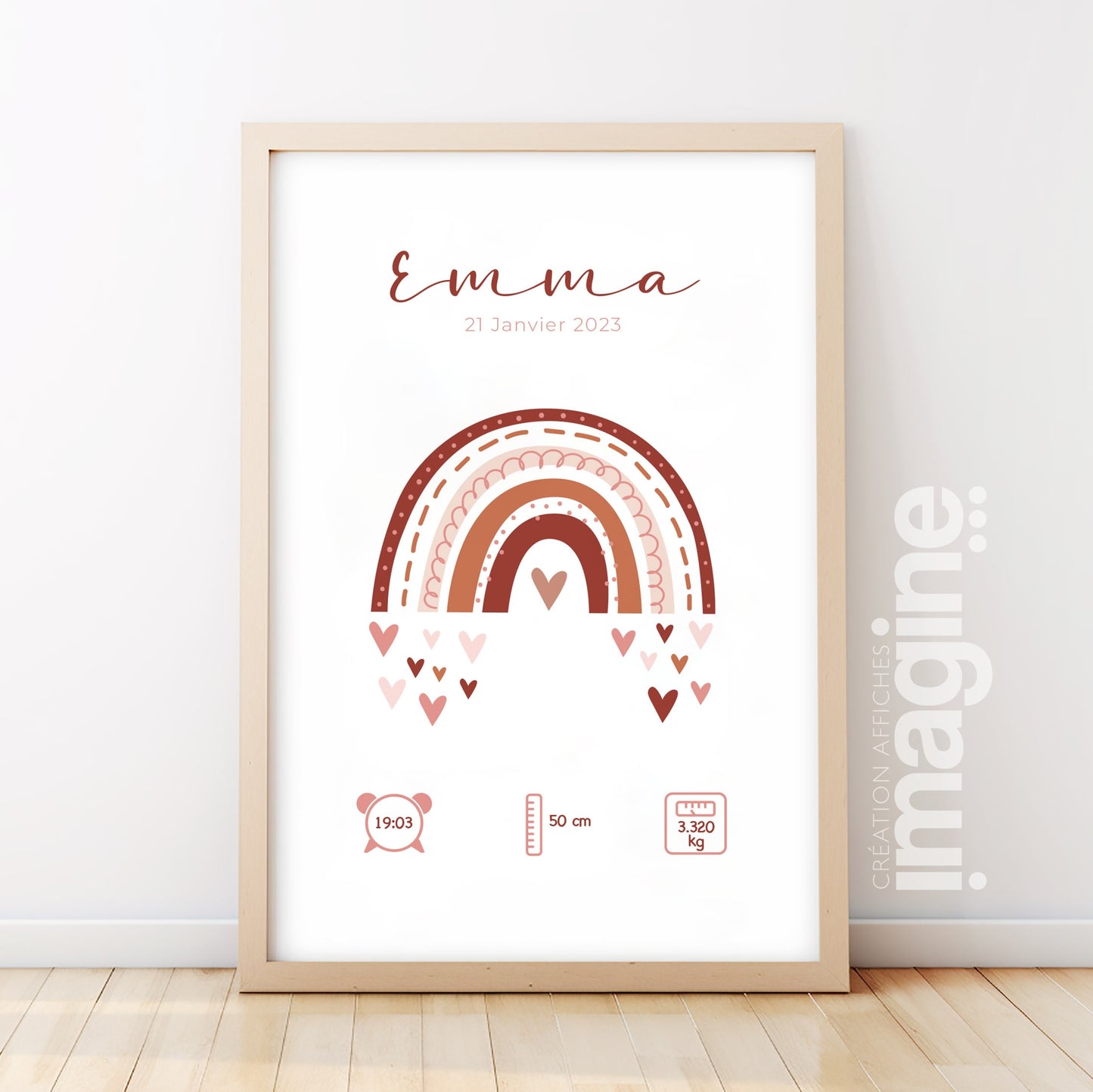 Affiche Naissance Personnalisée Arc-en-Ciel - Bleu Rose Camel
