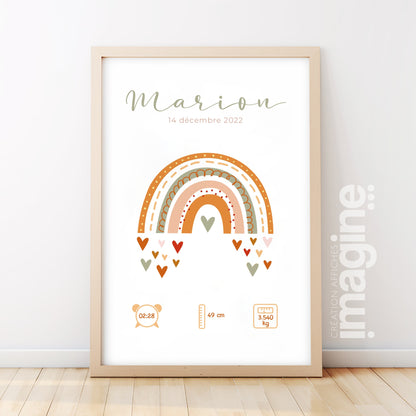 Personalized birth poster "Rainbow" camel / olive green