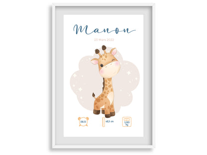 Affiche de naissance personnalisée "Girafe" - Affiche bébé souvenir - Prénom, poids, taille et heure