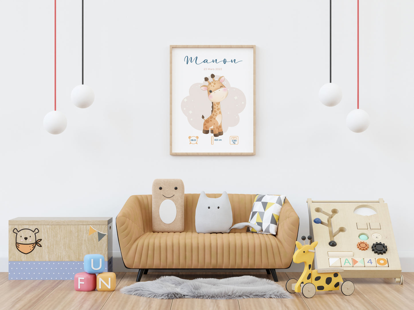 Affiche de naissance personnalisée "Girafe" - Affiche bébé souvenir - Prénom, poids, taille et heure