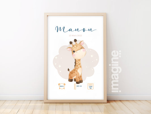 Affiche de naissance personnalisée "Girafe" - Affiche bébé souvenir - Prénom, poids, taille et heure