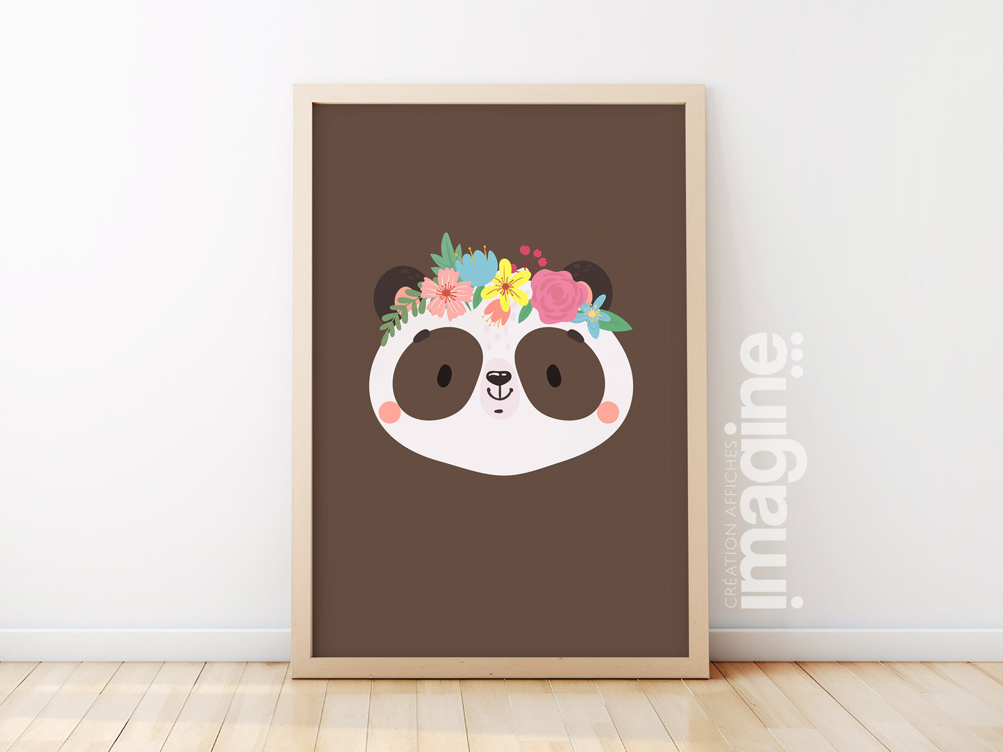 Affiche Animaux portrait panda romantique à couronne de fleurs