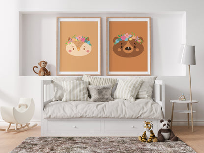 Affiche hibou Animaux portrait romantique avec couronne de fleurs