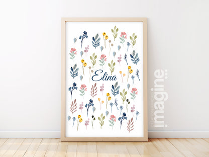 Flowery customizable first name poster - birthday birth - nickname name - child baby girl - wall poster decoration - living room bedroom