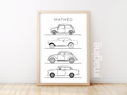poster cars vehicles line art - deco children's room living room design - mini cooper fashion - modern style - poster man boy - print