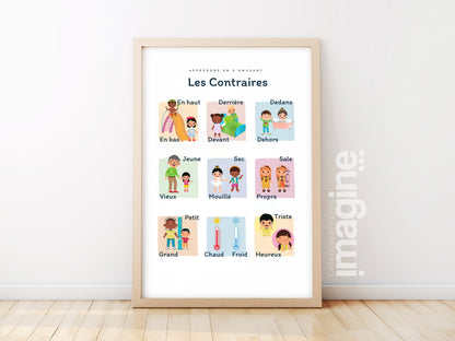 Les Contraires poster top bottom front back for children's room primary nursery school - child poster boy and girl learning
