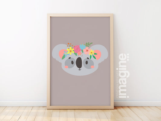 Affiche koala Animaux portrait romantique à couronne de fleurs