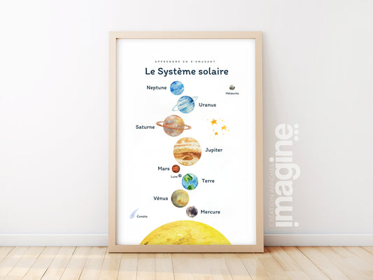 Poster The solar system - the planets, sun, universe - primary nursery school child - poster child boy and girl learning