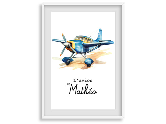 Affiche Personnalisée Avion bleu - L'avion de {Prénom de l'Enfant}