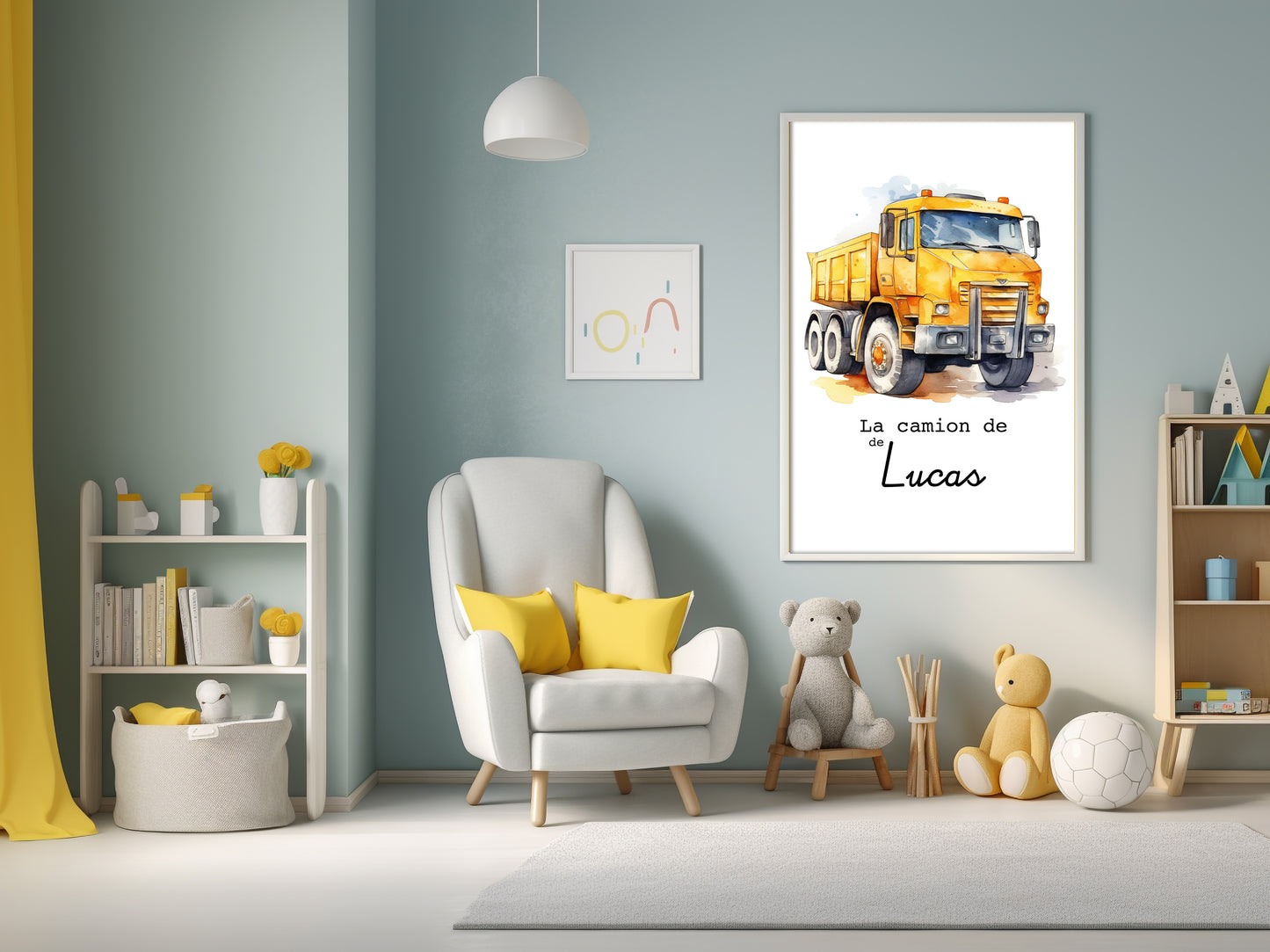 Affiche Personnalisée camion jaune de chantier - Le camion de {Prénom de l'Enfant} pour les petits fans de chantier et travaux