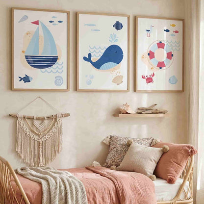 Set 3 affiches décoration chambre enfant thème marin - bateau baleine bouée