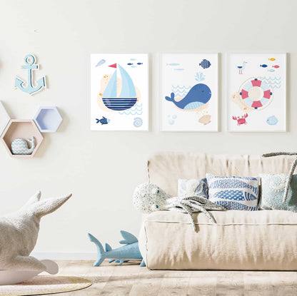 Set 3 Affiches Mer & Océan - Bateau Baleine Bouée