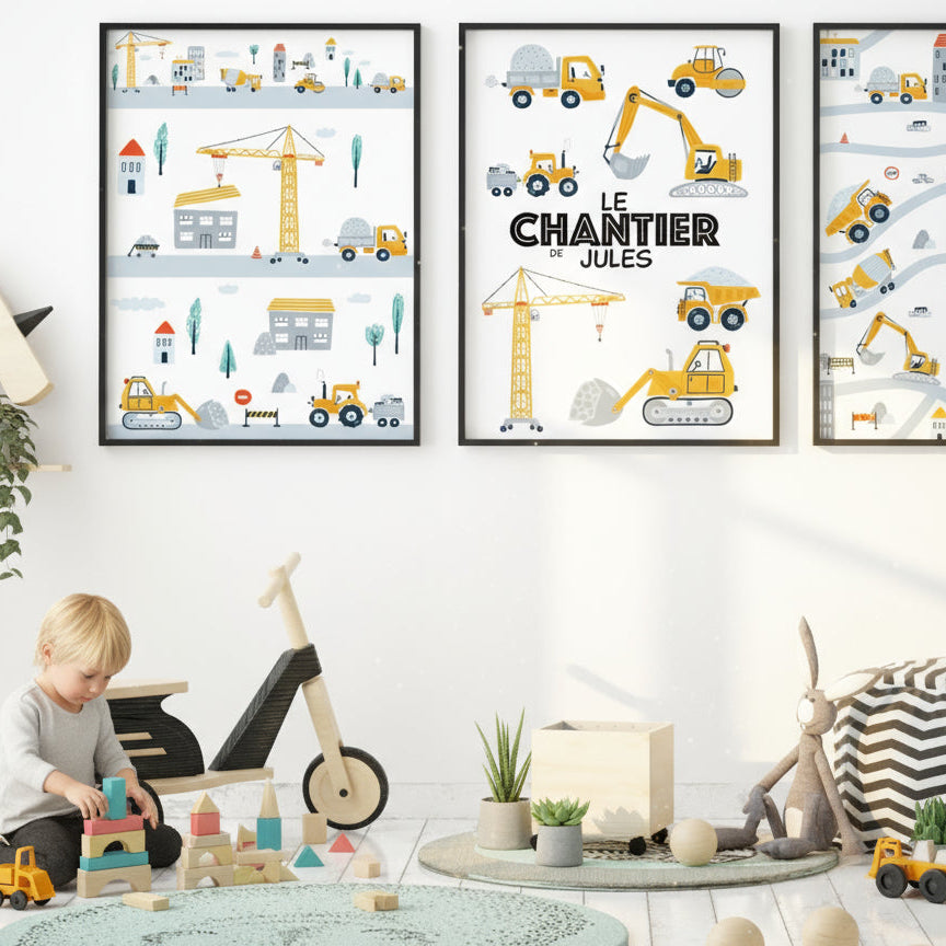 Lot affiches chantier encadrées - cadeau personnalisé chambre garçon avec prénom