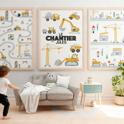 Lot 3 affiches chantier avec prénom - poster personnalisé chambre garçon thème construction