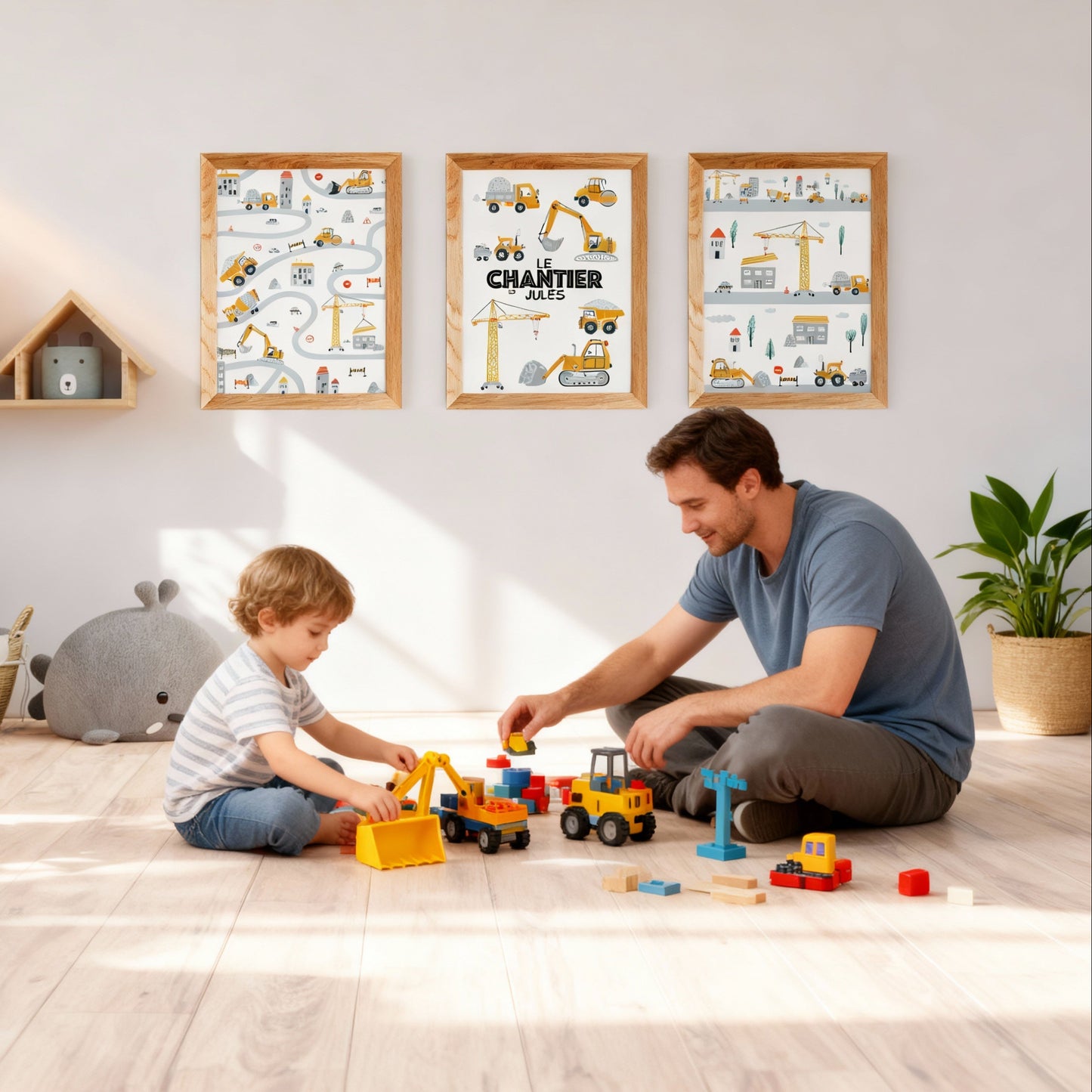 Poster chantier prénom garçon - affiche personnalisée véhicules construction chambre