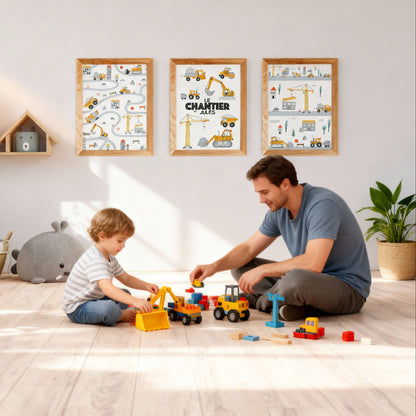 Poster chantier prénom garçon - affiche personnalisée véhicules construction chambre