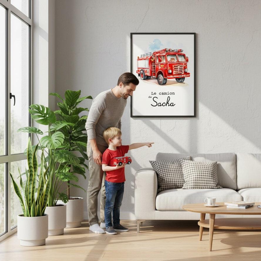 Poster camion pompier rouge personnalisé - véhicule secours pour enfant