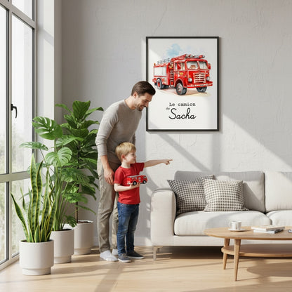 Poster camion pompier rouge personnalisé - véhicule secours pour enfant