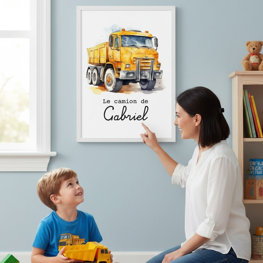 Poster camion jaune chantier personnalisé - engin travaux pour enfant