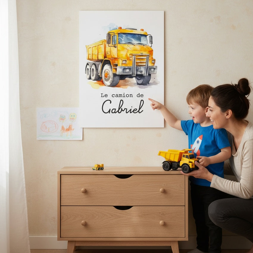 Affiche camion chantier encadrée - décoration chambre enfant thème travaux