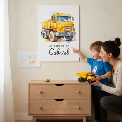 Affiche camion chantier encadrée - décoration chambre enfant thème travaux