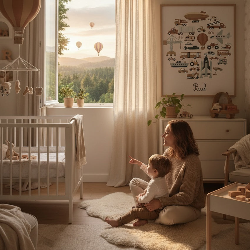 Affiche véhicules personnalisée avec prénom enfant - poster éducatif engins de chantier et transport