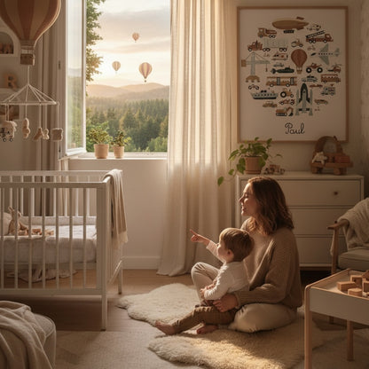 Affiche véhicules personnalisée avec prénom enfant - poster éducatif engins de chantier et transport