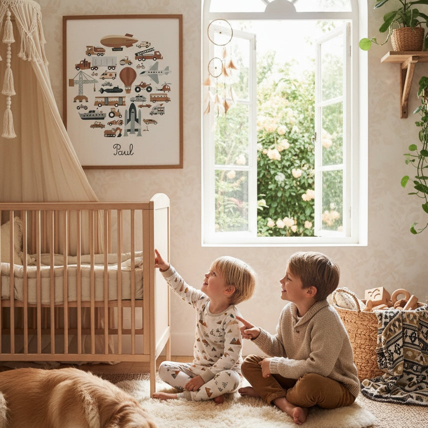 Poster véhicules personnalisé - engins de chantier et transport pour décoration chambre garçon