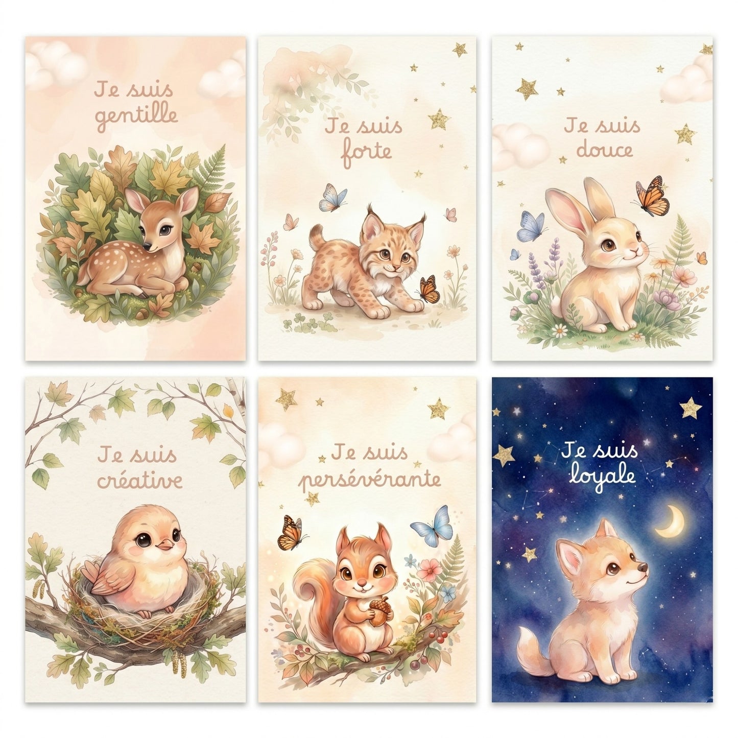 Lot de 6 Affiches Douces Animaux de la Forêt Aquarelle - format A4