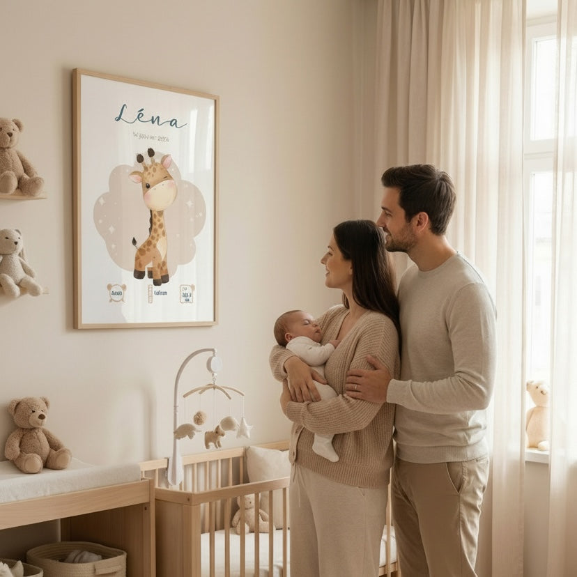 Poster naissance girafe avec informations bébé - souvenir naissance unique