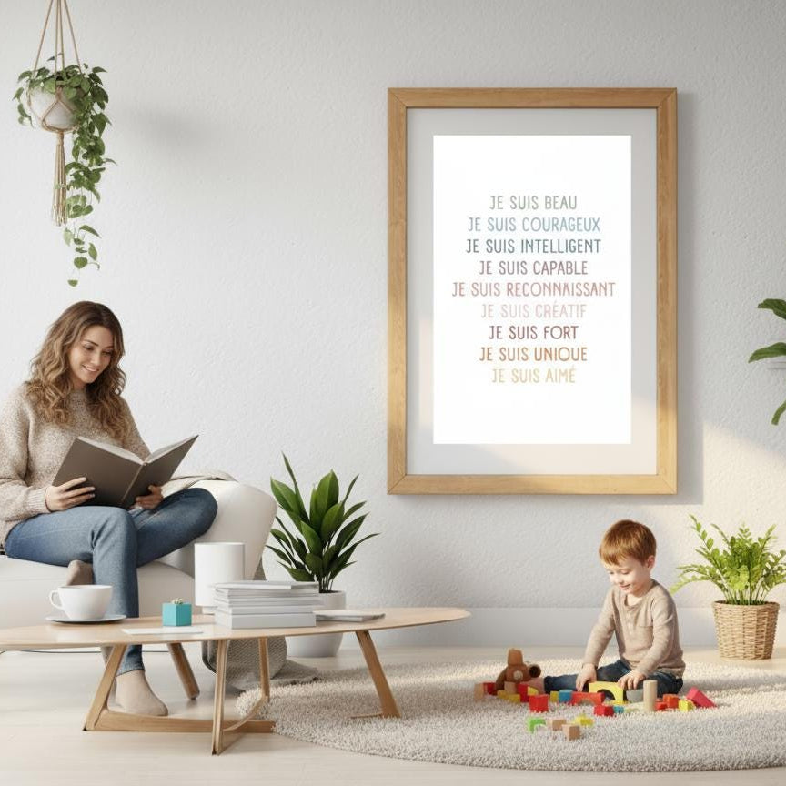 Poster Je Suis affirmations quotidiennes positivité enfant coloré