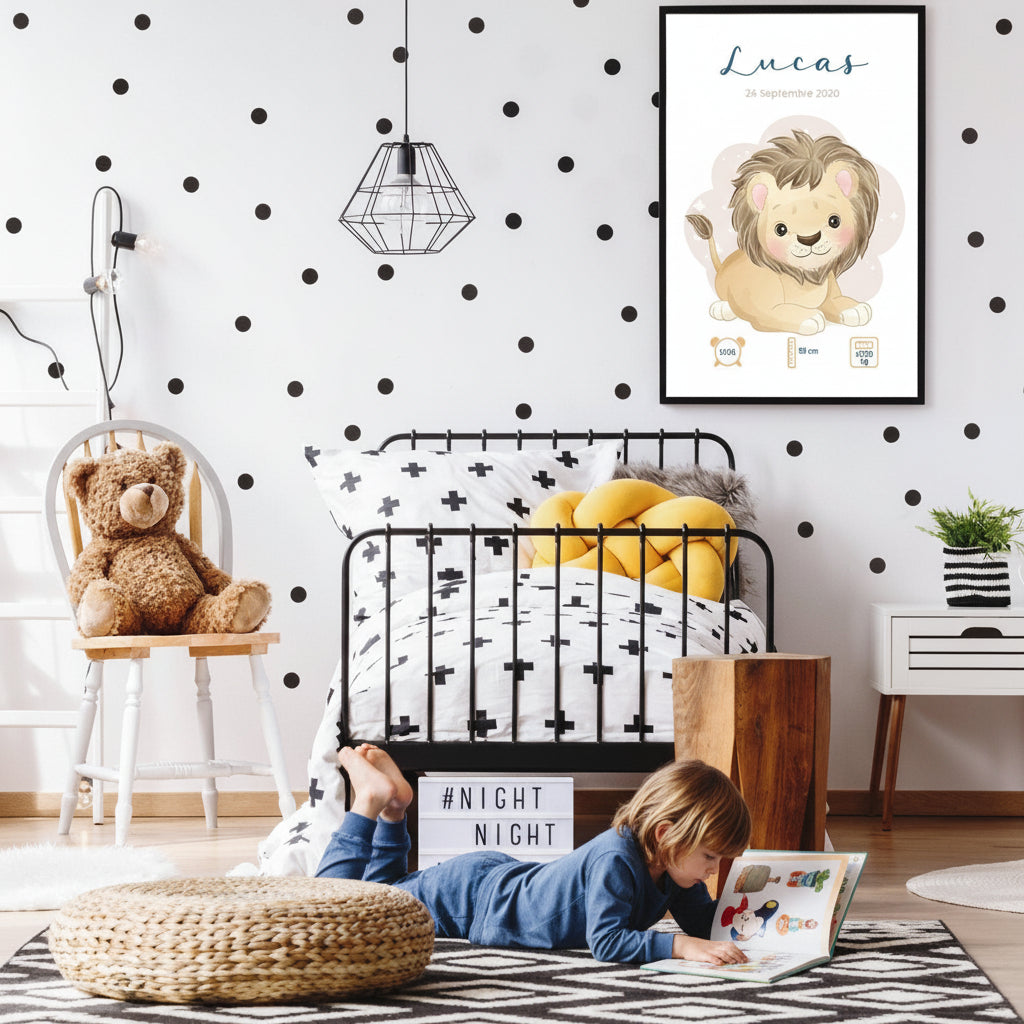 Affiche de naissance personnalisée "Lion" - chambre enfant avec garçon qui lit sur le tapis