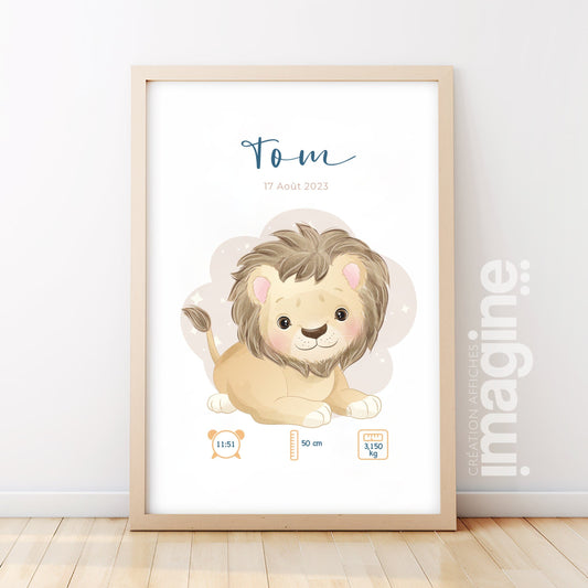 Affiche de naissance personnalisée "Lion" - Affiche bébé souvenir - Prénom, poids, taille et heure - Cadeau naissance anniversaire bebe