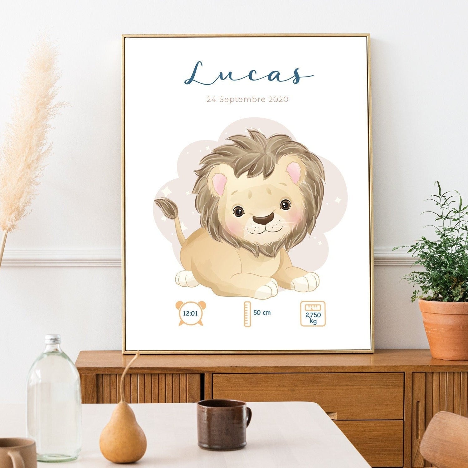 Affiche de naissance personnalisée "Lion" - Affiche bébé souvenir - Prénom, poids, taille et heure - Cadeau naissance anniversaire bebe