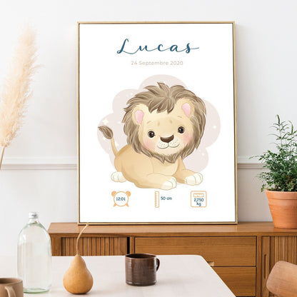 Affiche de naissance personnalisée "Lion" - Affiche bébé souvenir - Prénom, poids, taille et heure - Cadeau naissance anniversaire bebe