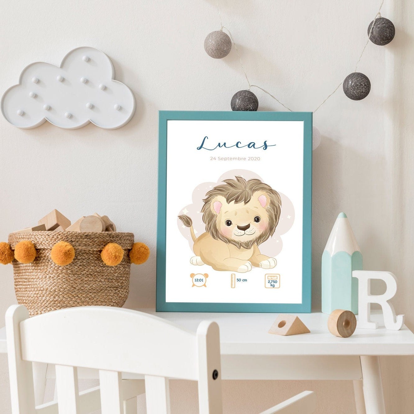 Affiche de naissance personnalisée "Lion" - Affiche bébé souvenir - Prénom, poids, taille et heure - Cadeau naissance anniversaire bebe