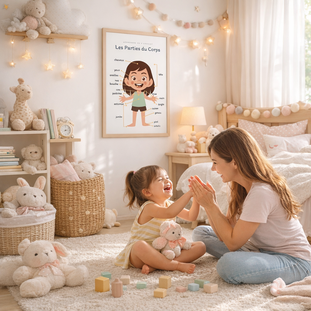 Poster Les Parts du Corps girl nose mouth for children's room primary nursery school - child poster boy and girl learning