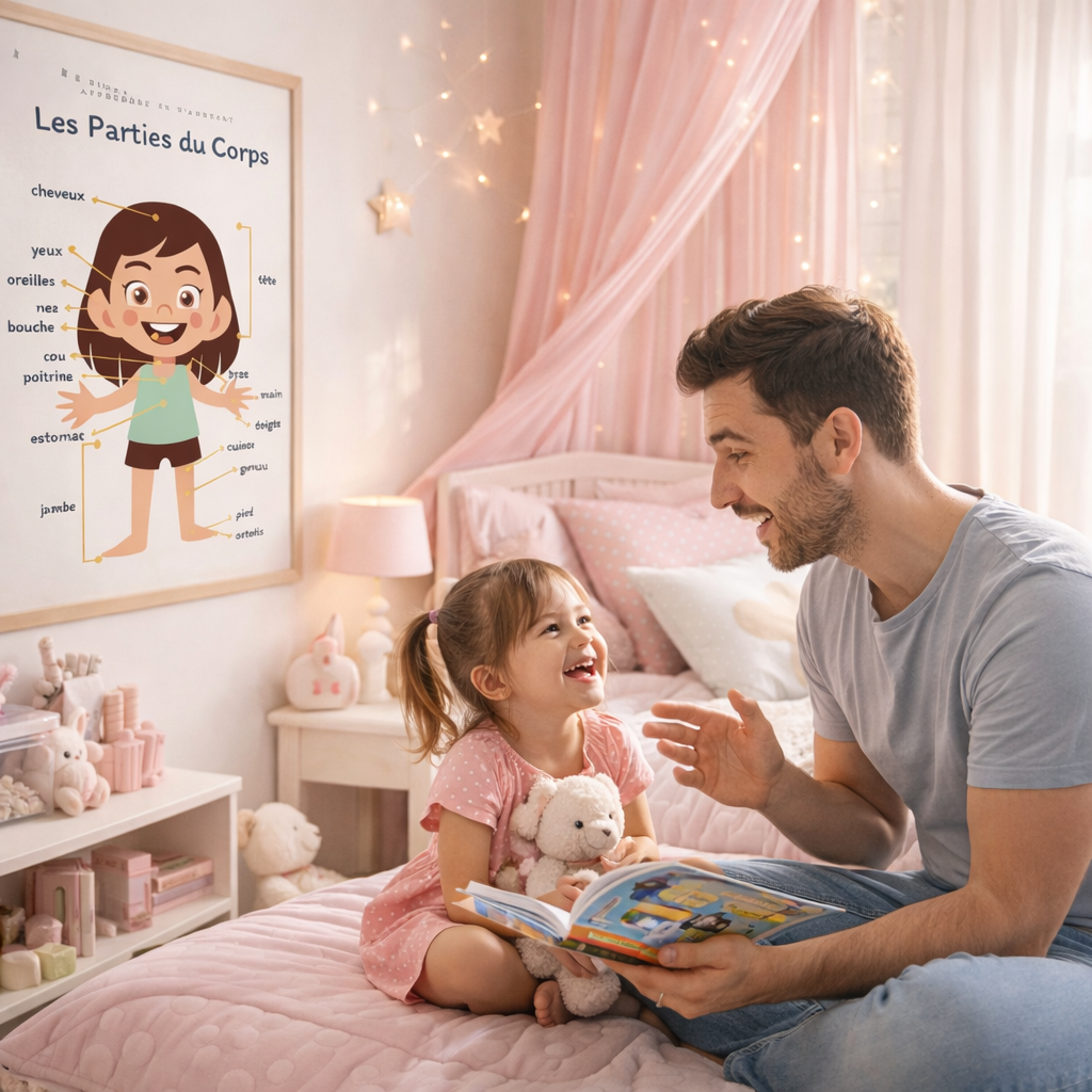 Poster Les Parts du Corps girl nose mouth for children's room primary nursery school - child poster boy and girl learning