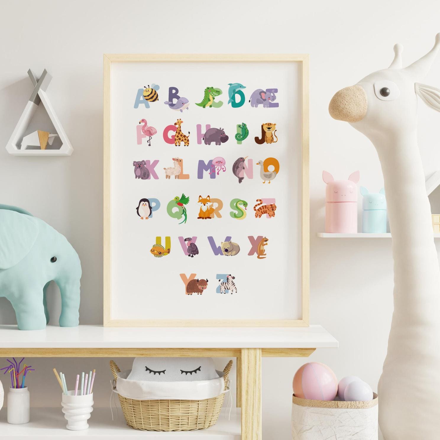 Abécédaire éducatif A-Z animaux colorés affiche chambre enfant