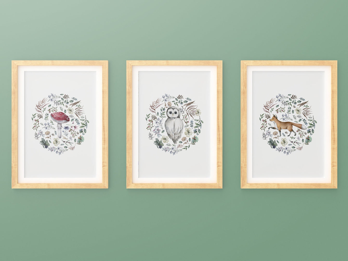 Affiche illustration forêt sur le thème de la Nature et la forêt avec fleurs et feuilles en rond style épuré pour décoration chambre bébé
