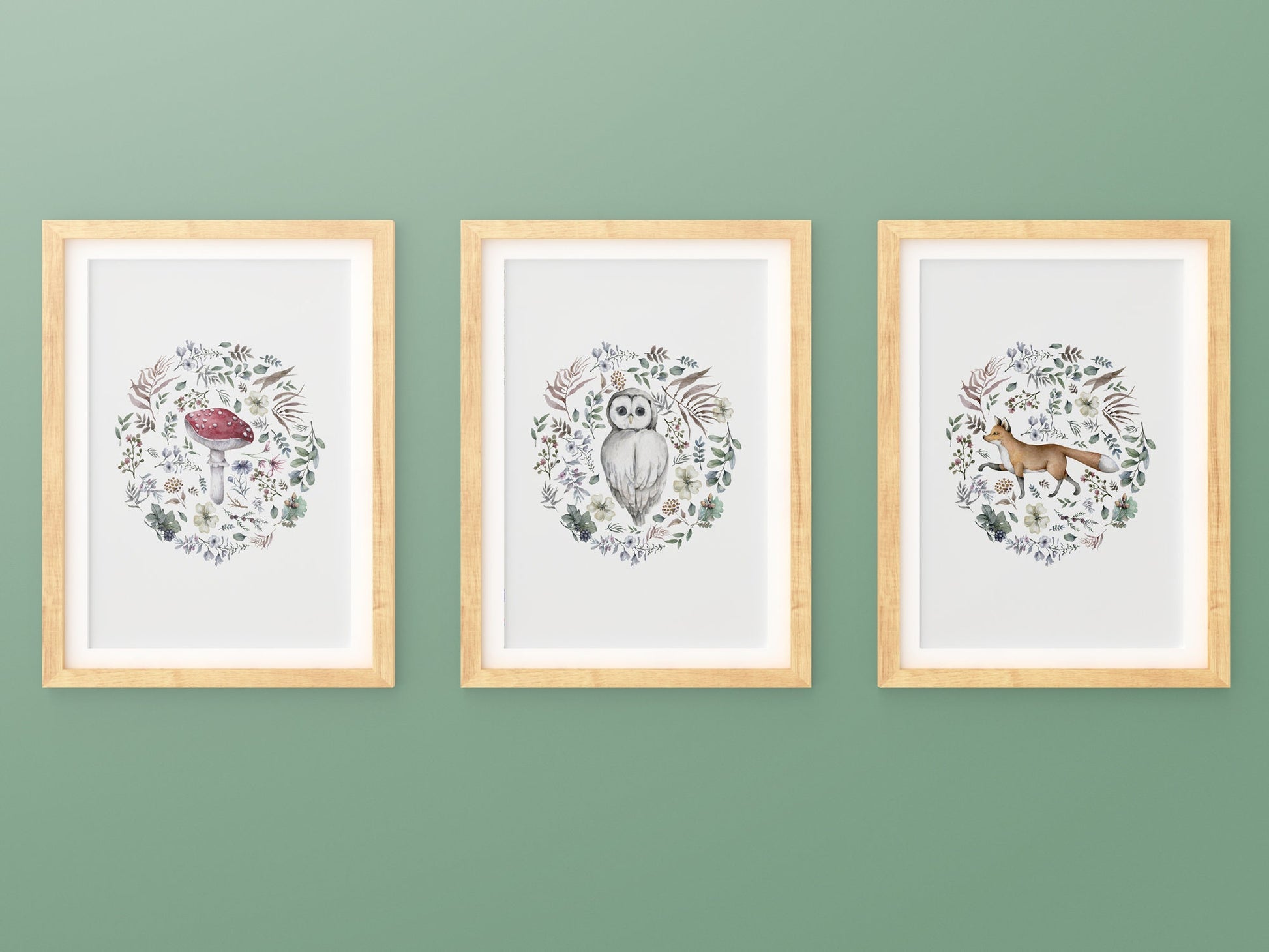 Affiche illustration forêt sur le thème de la Nature et la forêt avec fleurs et feuilles en rond style épuré pour décoration chambre bébé