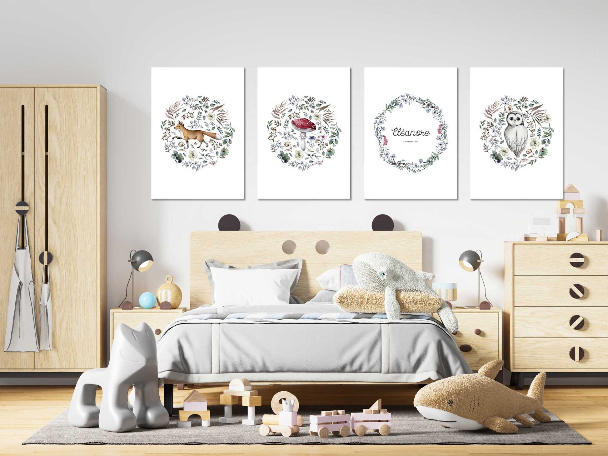Affiche illustration forêt sur le thème de la Nature et la forêt avec fleurs et feuilles en rond style épuré pour décoration chambre bébé