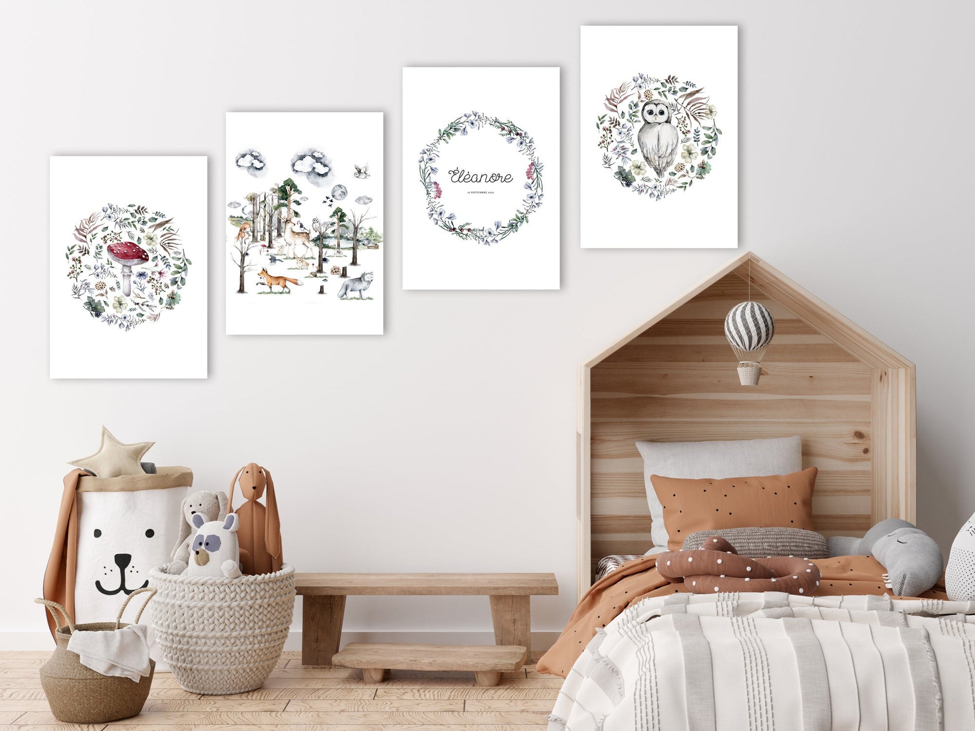 Affiche illustration forêt sur le thème de la Nature et la forêt avec fleurs et feuilles en rond style épuré pour décoration chambre bébé
