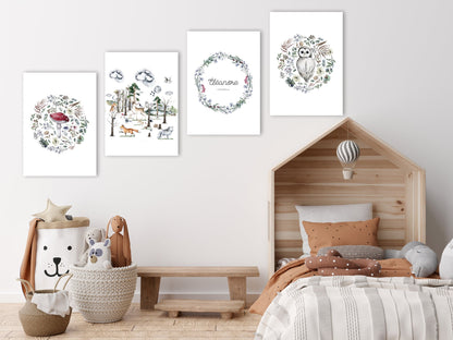 Affiche illustration forêt sur le thème de la Nature et la forêt avec fleurs et feuilles en rond style épuré pour décoration chambre bébé